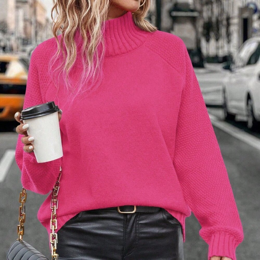 Hot Pink Casual Women's Stand Collar Raglan Sleeve Knit Pullover Sweater